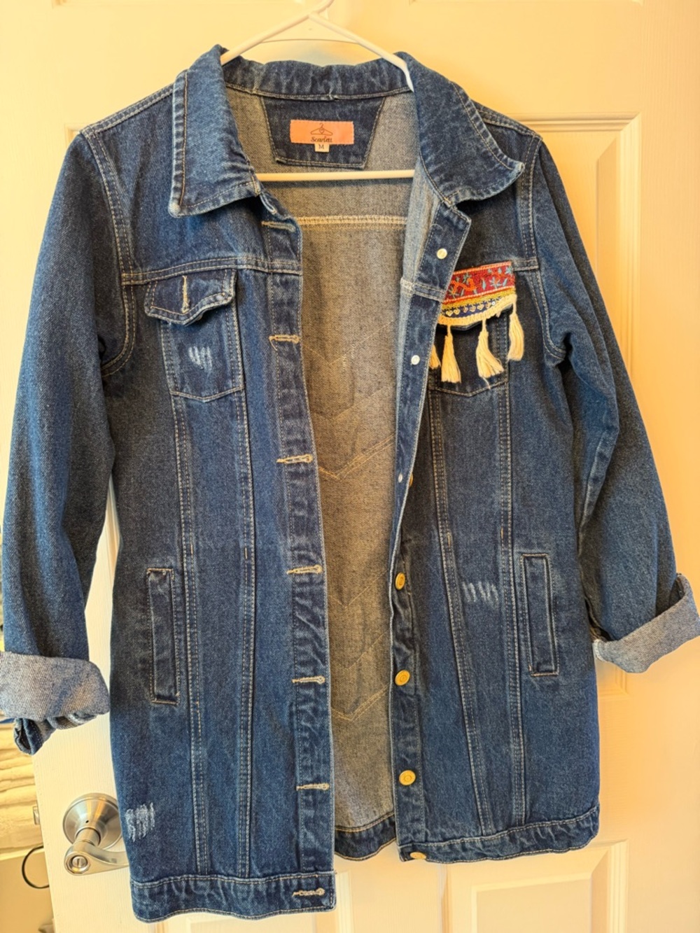 Scarlett Blue Denim Jacket with Embroidered Tassel Accent